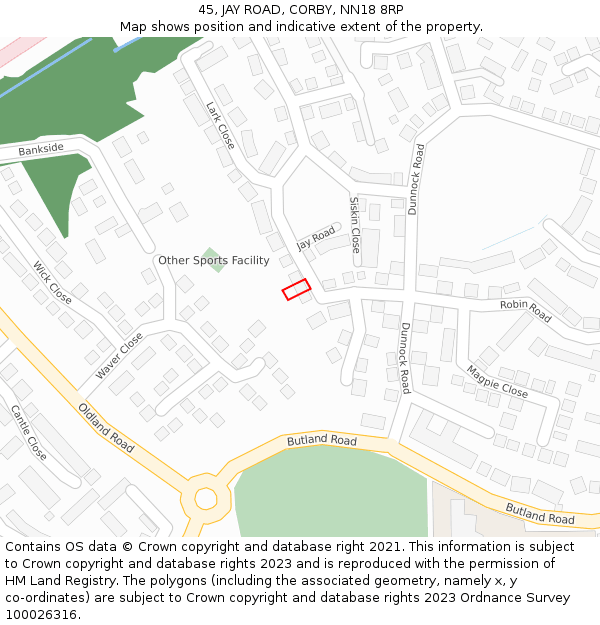 45, JAY ROAD, CORBY, NN18 8RP: Location map and indicative extent of plot