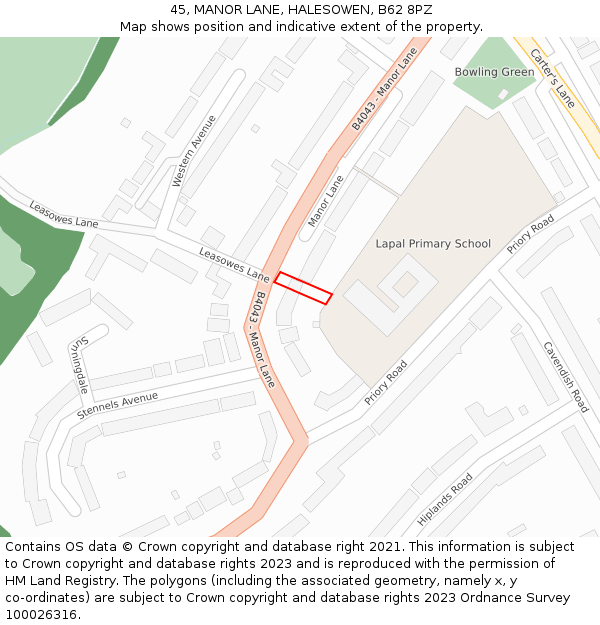 45, MANOR LANE, HALESOWEN, B62 8PZ: Location map and indicative extent of plot