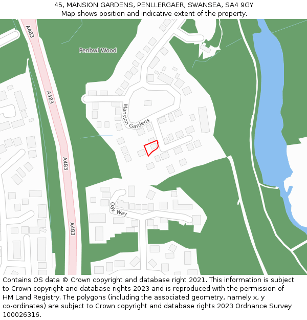 45, MANSION GARDENS, PENLLERGAER, SWANSEA, SA4 9GY: Location map and indicative extent of plot