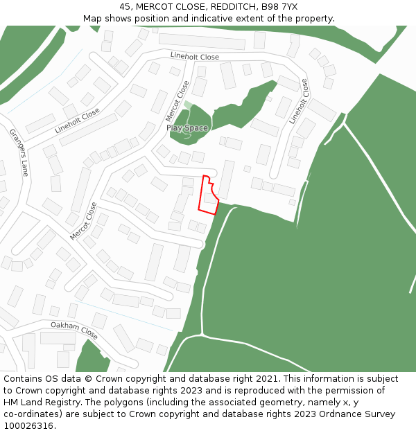 45, MERCOT CLOSE, REDDITCH, B98 7YX: Location map and indicative extent of plot