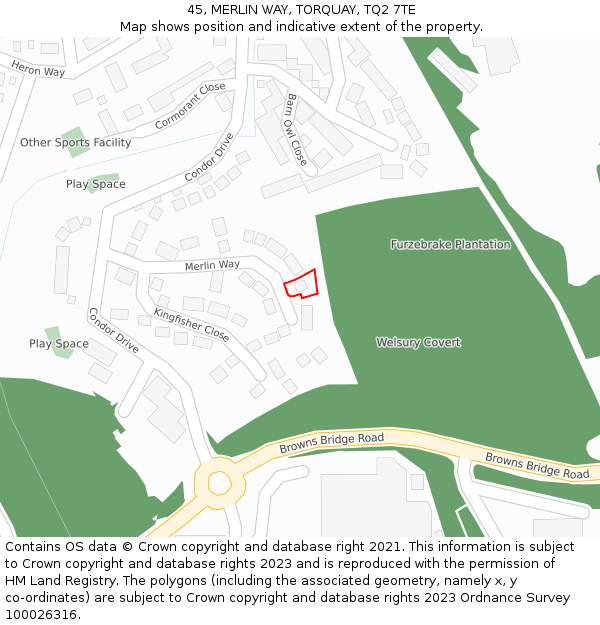 45, MERLIN WAY, TORQUAY, TQ2 7TE: Location map and indicative extent of plot