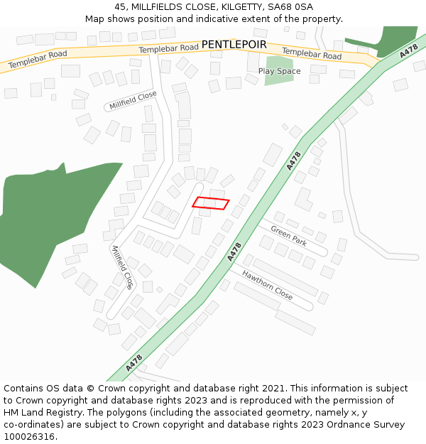 45, MILLFIELDS CLOSE, KILGETTY, SA68 0SA: Location map and indicative extent of plot