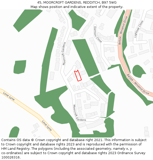 45, MOORCROFT GARDENS, REDDITCH, B97 5WG: Location map and indicative extent of plot