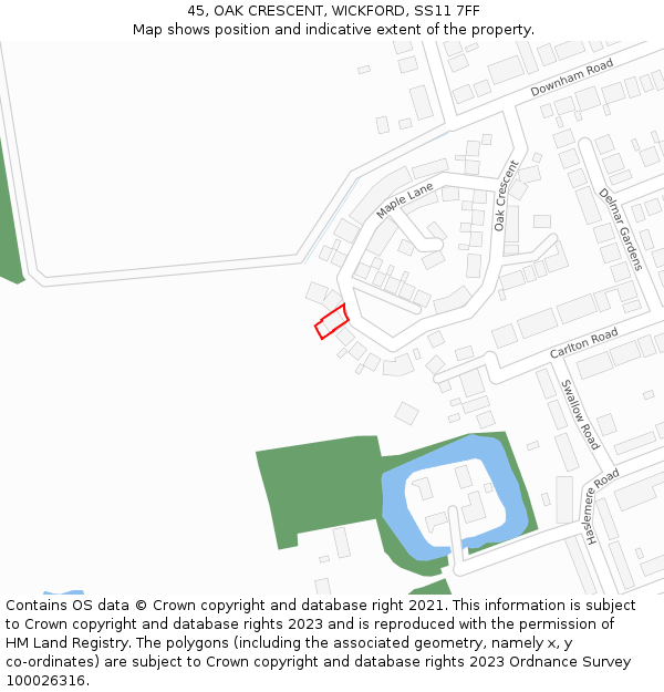 45, OAK CRESCENT, WICKFORD, SS11 7FF: Location map and indicative extent of plot