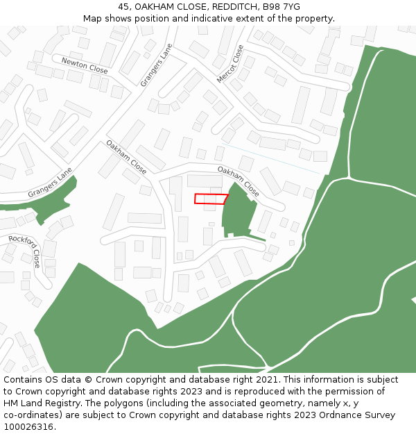 45, OAKHAM CLOSE, REDDITCH, B98 7YG: Location map and indicative extent of plot