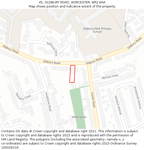45, OLDBURY ROAD, WORCESTER, WR2 6AA: Location map and indicative extent of plot