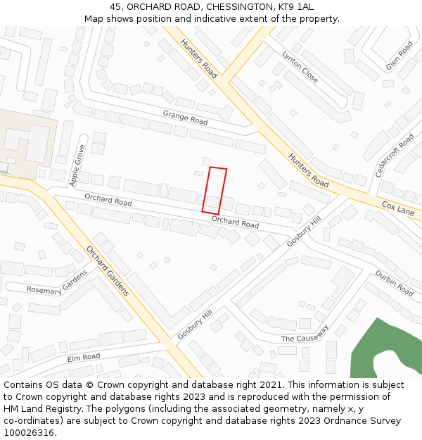 45, ORCHARD ROAD, CHESSINGTON, KT9 1AL: Location map and indicative extent of plot