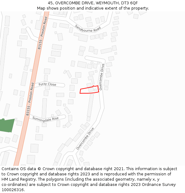 45, OVERCOMBE DRIVE, WEYMOUTH, DT3 6QF: Location map and indicative extent of plot