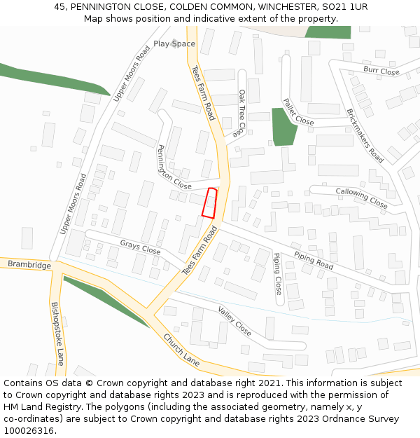 45, PENNINGTON CLOSE, COLDEN COMMON, WINCHESTER, SO21 1UR: Location map and indicative extent of plot