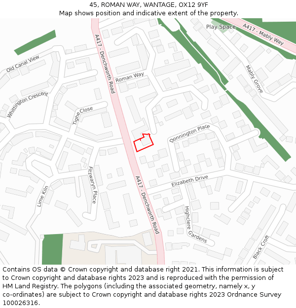 45, ROMAN WAY, WANTAGE, OX12 9YF: Location map and indicative extent of plot