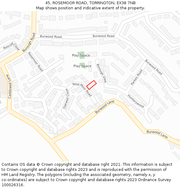 45, ROSEMOOR ROAD, TORRINGTON, EX38 7NB: Location map and indicative extent of plot