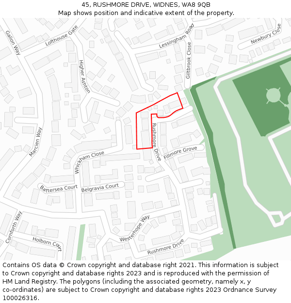 45, RUSHMORE DRIVE, WIDNES, WA8 9QB: Location map and indicative extent of plot