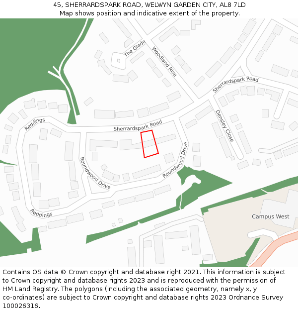 45, SHERRARDSPARK ROAD, WELWYN GARDEN CITY, AL8 7LD: Location map and indicative extent of plot