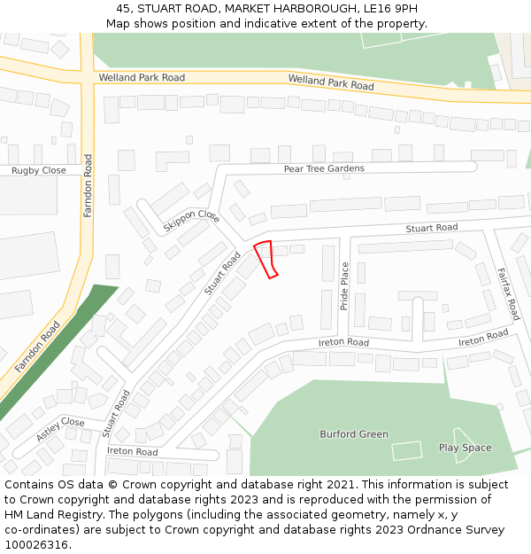 45, STUART ROAD, MARKET HARBOROUGH, LE16 9PH: Location map and indicative extent of plot