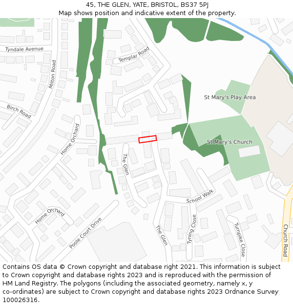 45, THE GLEN, YATE, BRISTOL, BS37 5PJ: Location map and indicative extent of plot