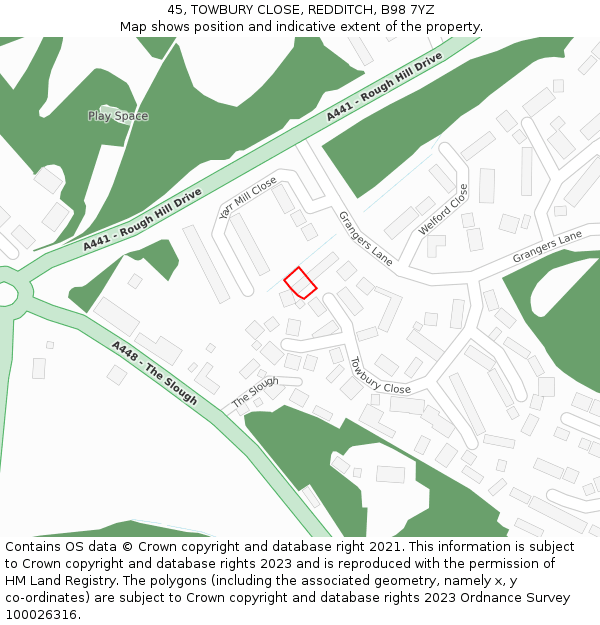 45, TOWBURY CLOSE, REDDITCH, B98 7YZ: Location map and indicative extent of plot