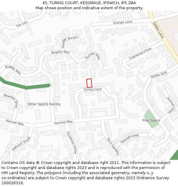 45, TURING COURT, KESGRAVE, IPSWICH, IP5 2BA: Location map and indicative extent of plot