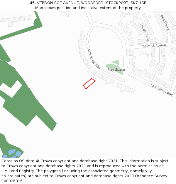 45, VERDON ROE AVENUE, WOODFORD, STOCKPORT, SK7 1SR: Location map and indicative extent of plot