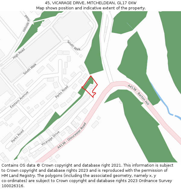 45, VICARAGE DRIVE, MITCHELDEAN, GL17 0XW: Location map and indicative extent of plot