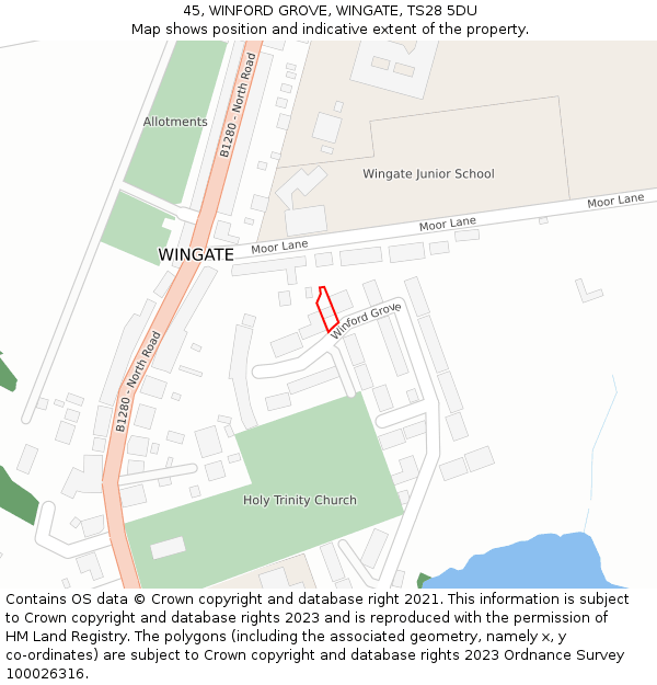 45, WINFORD GROVE, WINGATE, TS28 5DU: Location map and indicative extent of plot