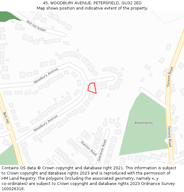 45, WOODBURY AVENUE, PETERSFIELD, GU32 2ED: Location map and indicative extent of plot