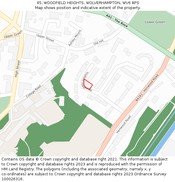 45, WOODFIELD HEIGHTS, WOLVERHAMPTON, WV6 8PS: Location map and indicative extent of plot