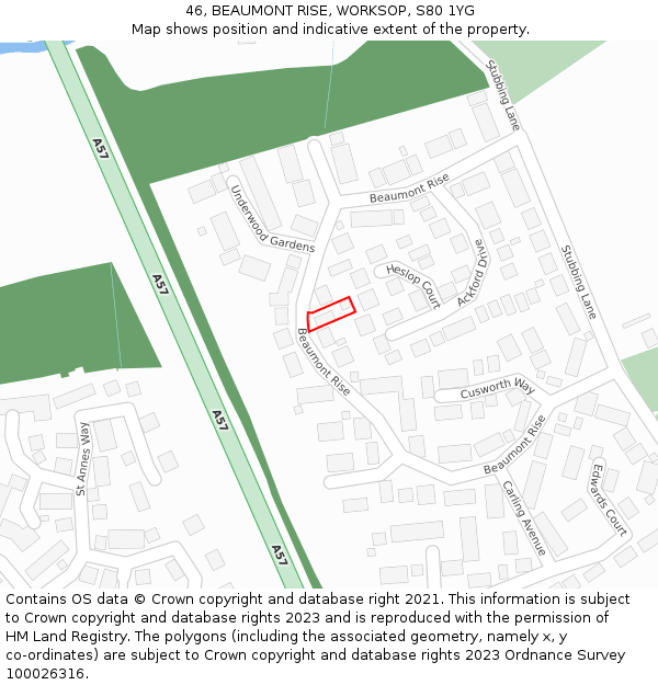 46, BEAUMONT RISE, WORKSOP, S80 1YG: Location map and indicative extent of plot