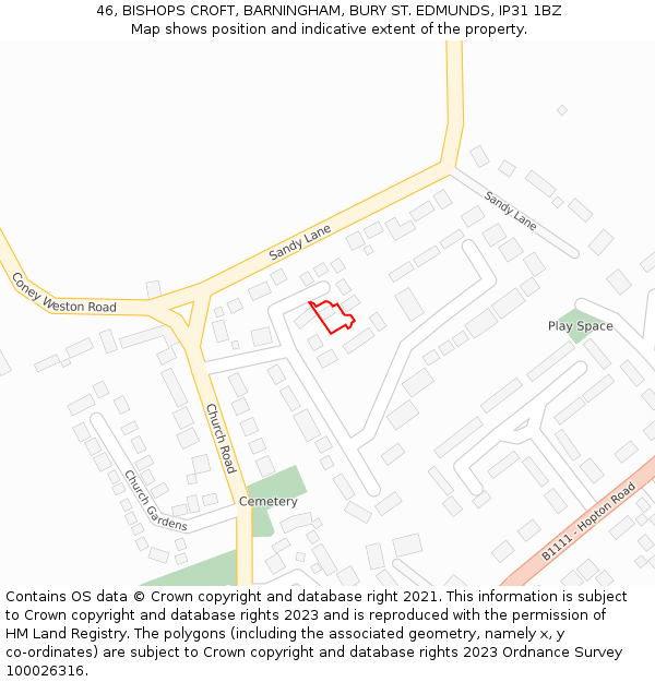 46, BISHOPS CROFT, BARNINGHAM, BURY ST EDMUNDS, IP31 1BZ: Location map and indicative extent of plot