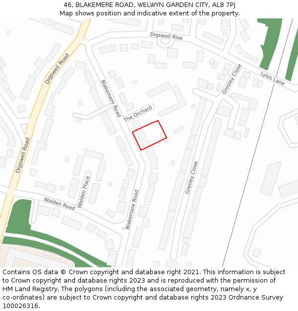 46, BLAKEMERE ROAD, WELWYN GARDEN CITY, AL8 7PJ: Location map and indicative extent of plot