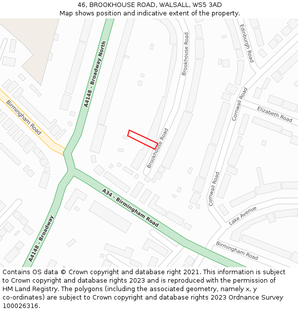 46, BROOKHOUSE ROAD, WALSALL, WS5 3AD: Location map and indicative extent of plot
