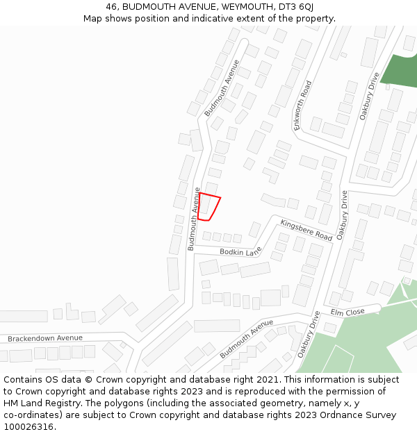 46, BUDMOUTH AVENUE, WEYMOUTH, DT3 6QJ: Location map and indicative extent of plot