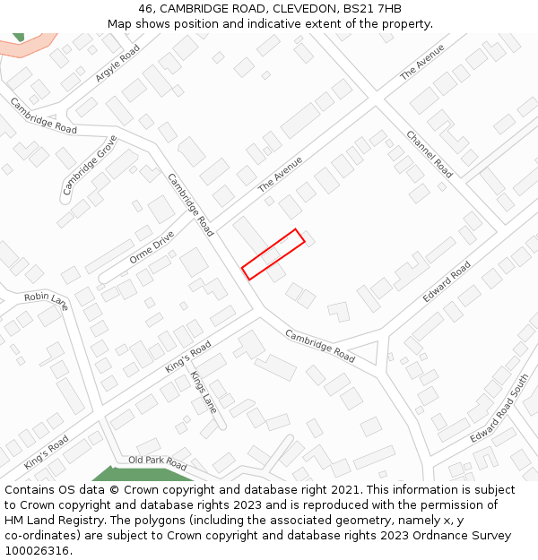 46, CAMBRIDGE ROAD, CLEVEDON, BS21 7HB: Location map and indicative extent of plot