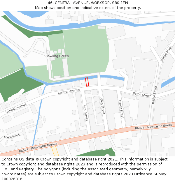 46, CENTRAL AVENUE, WORKSOP, S80 1EN: Location map and indicative extent of plot