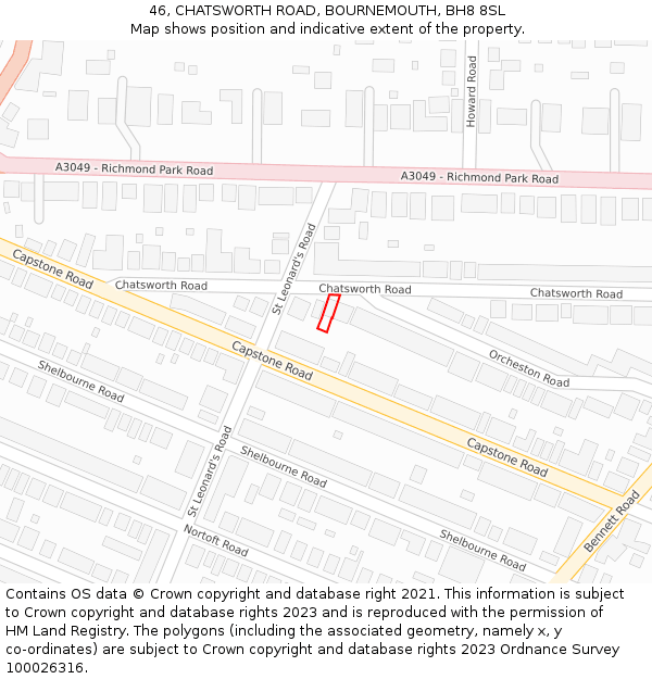 46, CHATSWORTH ROAD, BOURNEMOUTH, BH8 8SL: Location map and indicative extent of plot