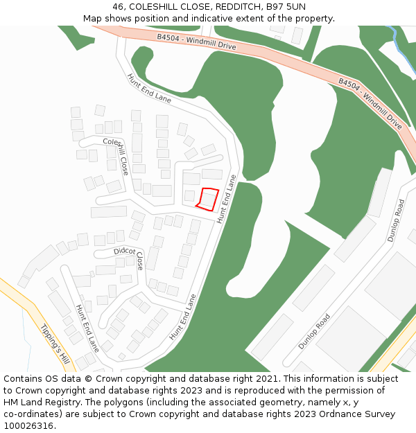46, COLESHILL CLOSE, REDDITCH, B97 5UN: Location map and indicative extent of plot