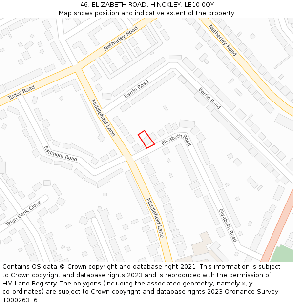 46, ELIZABETH ROAD, HINCKLEY, LE10 0QY: Location map and indicative extent of plot