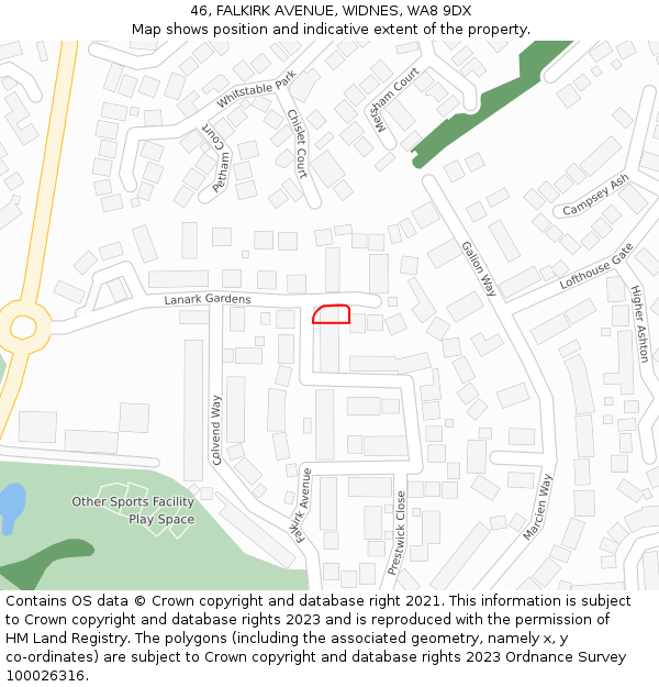 46, FALKIRK AVENUE, WIDNES, WA8 9DX: Location map and indicative extent of plot