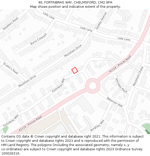 46, FORTINBRAS WAY, CHELMSFORD, CM2 9PA: Location map and indicative extent of plot