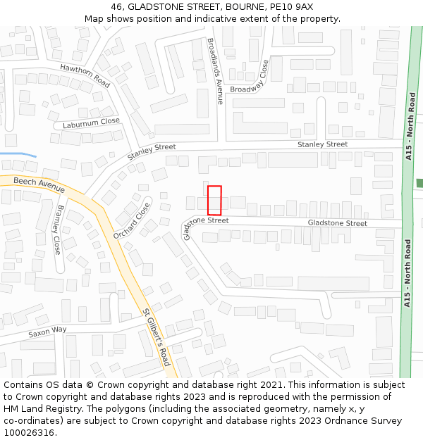 46, GLADSTONE STREET, BOURNE, PE10 9AX: Location map and indicative extent of plot