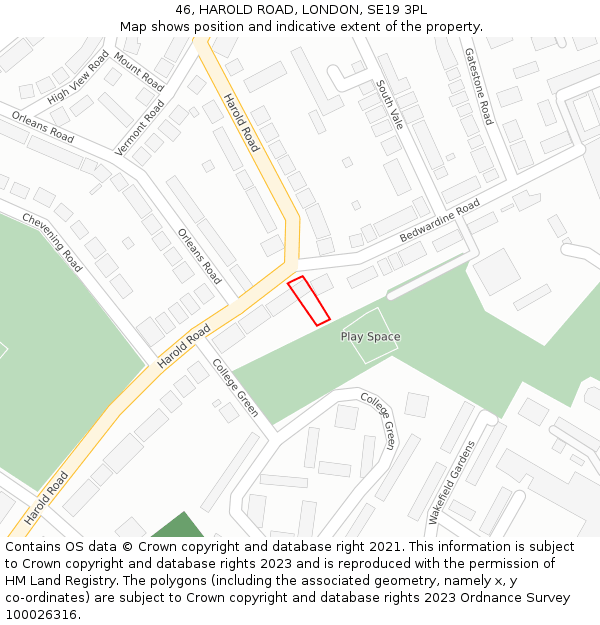 46, HAROLD ROAD, LONDON, SE19 3PL: Location map and indicative extent of plot