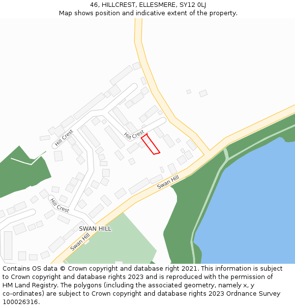 46, HILLCREST, ELLESMERE, SY12 0LJ: Location map and indicative extent of plot