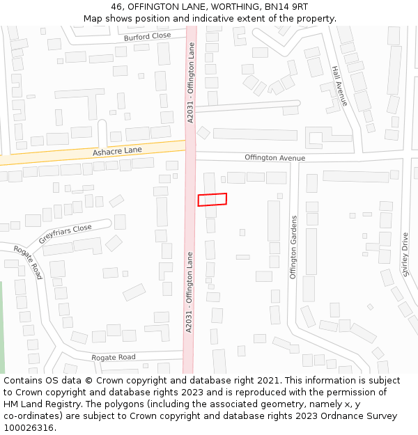 46, OFFINGTON LANE, WORTHING, BN14 9RT: Location map and indicative extent of plot