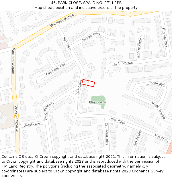 46, PARK CLOSE, SPALDING, PE11 1PR: Location map and indicative extent of plot