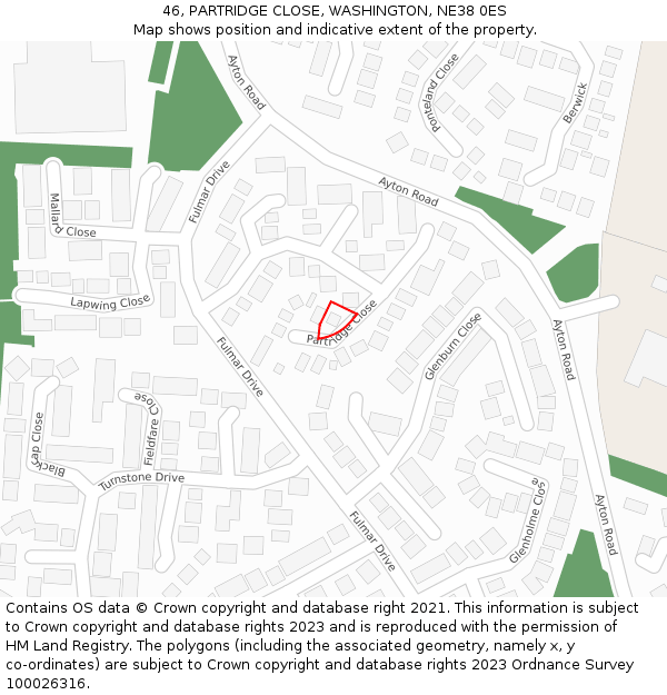 46, PARTRIDGE CLOSE, WASHINGTON, NE38 0ES: Location map and indicative extent of plot