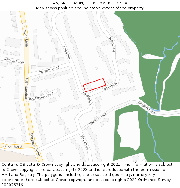 46, SMITHBARN, HORSHAM, RH13 6DX: Location map and indicative extent of plot