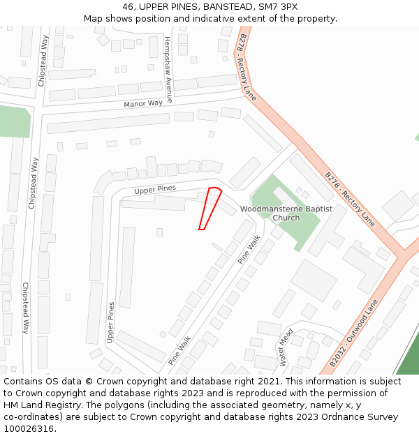 46, UPPER PINES, BANSTEAD, SM7 3PX: Location map and indicative extent of plot