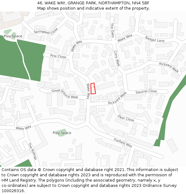 46, WAKE WAY, GRANGE PARK, NORTHAMPTON, NN4 5BF: Location map and indicative extent of plot