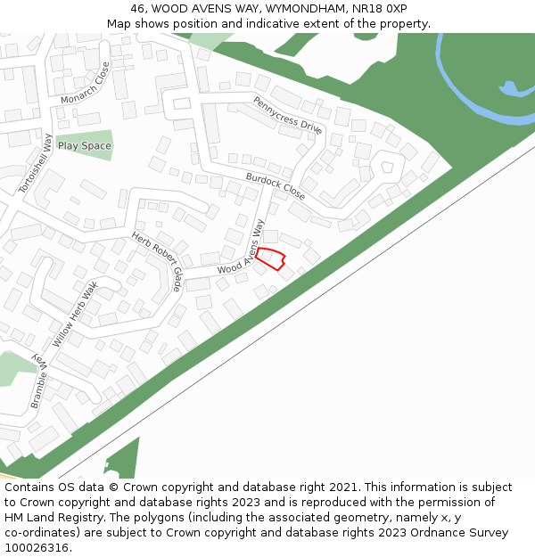 46, WOOD AVENS WAY, WYMONDHAM, NR18 0XP: Location map and indicative extent of plot