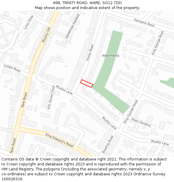 46B, TRINITY ROAD, WARE, SG12 7DD: Location map and indicative extent of plot