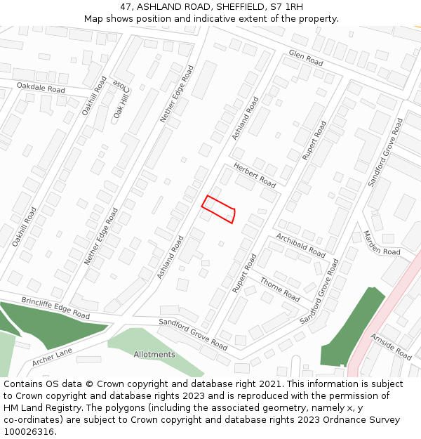 47, ASHLAND ROAD, SHEFFIELD, S7 1RH: Location map and indicative extent of plot